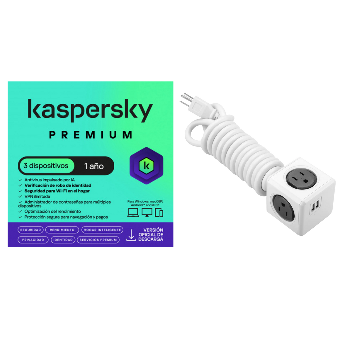 Kaspersky Premium 3 Dispositivo 1 Año + Multitoma Cubo De 3.0mts Gris Usb