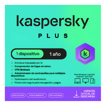 Kaspersky Plus 1 Usuario 1 Año + Pin virtual Membresía Spotify 1 mes