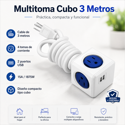 Multitoma Cubo Allocacoc PowerCube 3 Metros 4 Tomas + 2 USB Azul