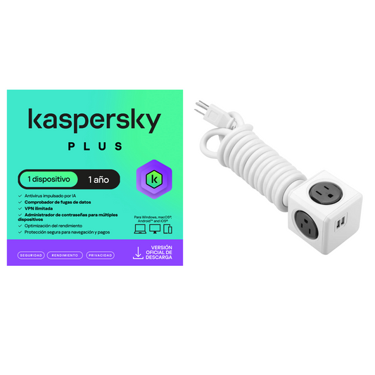 Kaspersky Plus 1 Dispositivo 1 Año + Multitoma Cubo De 3.0mts Gris Usb