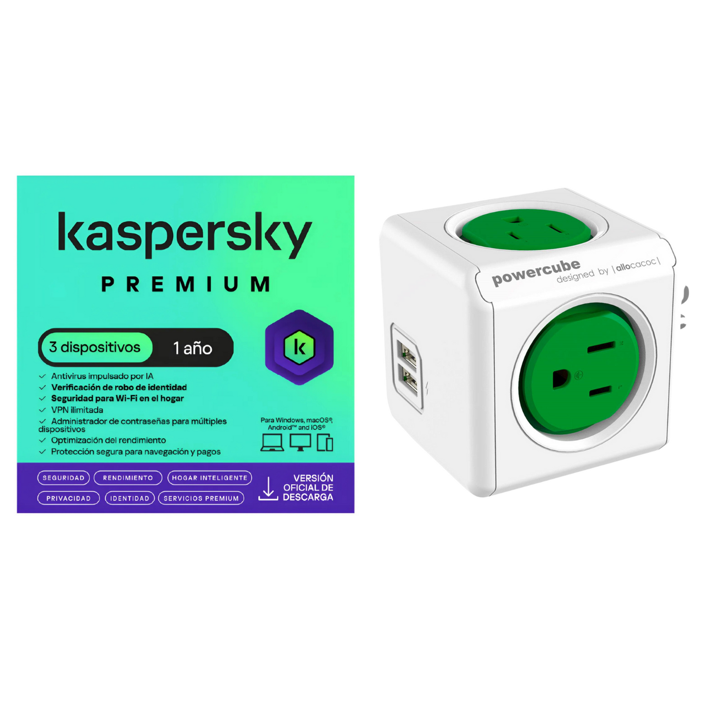 Kaspersky Premium 3 Dispositivos 1 Año + Multitoma 4 Entradas 2usb