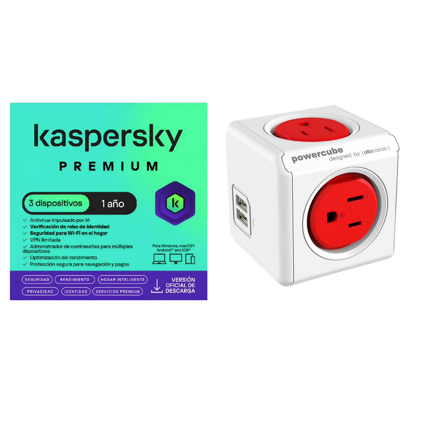 Kaspersky Premium 3 Dispositivos 1 Año + Multitoma 4 Entradas 2usb