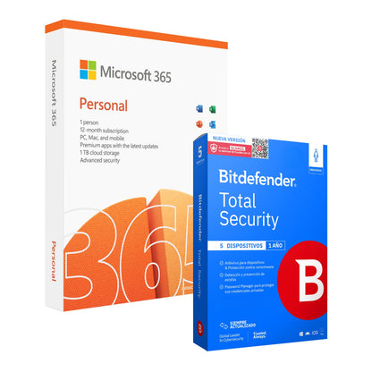 Microsoft Office 365 Personal + Bitdefender Total Security 5 Dispositivos 1 Año