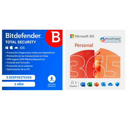 Bitdefender Total Security 5 Dispositivos 1 Año + Microsoft Office 365 Personal