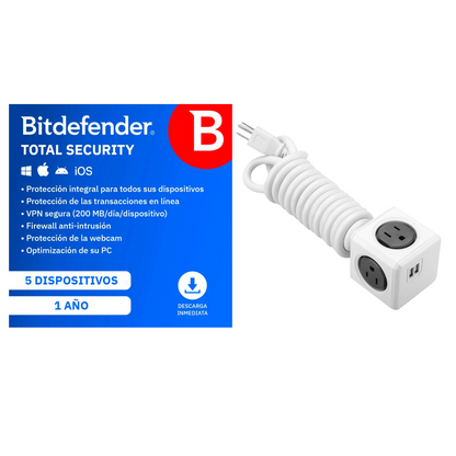 Bitdefender Total Security 5 Dispositivos 1 Año + Multitoma Cubo De 3.0mts Gris Usb