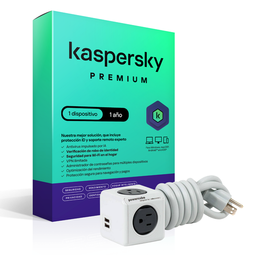 Kaspersky Premium 1 Dispositivo 1 Año + Multitoma Cubo De 3.0mts Gris Usb