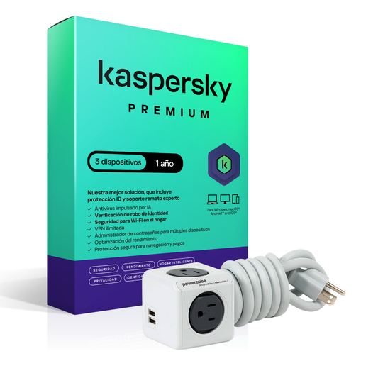 Kaspersky Premium 3 Dispositivo 1 Año + Multitoma Cubo De 3.0mts Gris Usb
