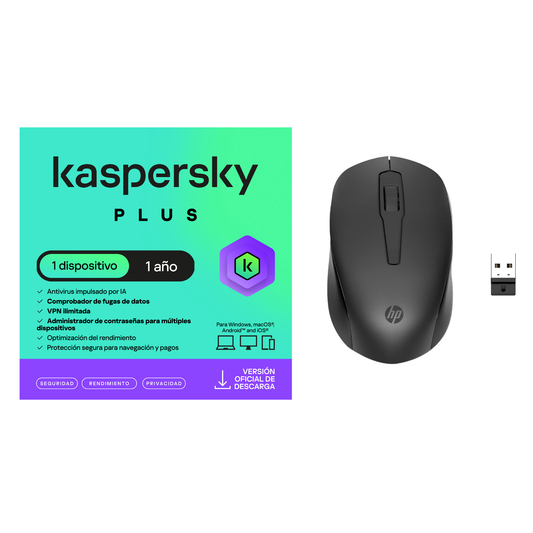 kaspersky Plus 1 Usuario 1 Año + Mouse Inalámbrico HP 150